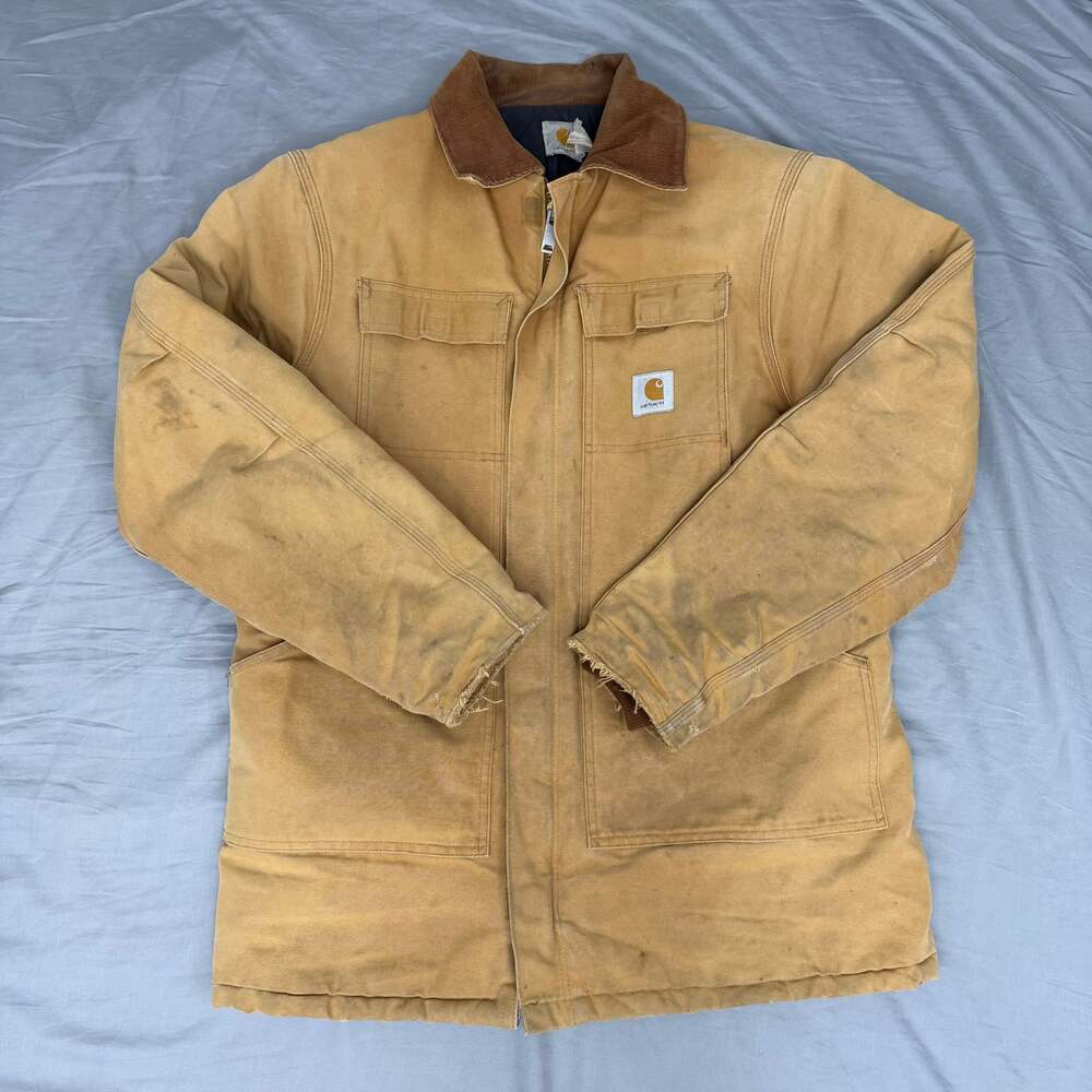 Vintage Carhartt Distressed Chore Coat 90s Canvas Jacket size XL light Brown